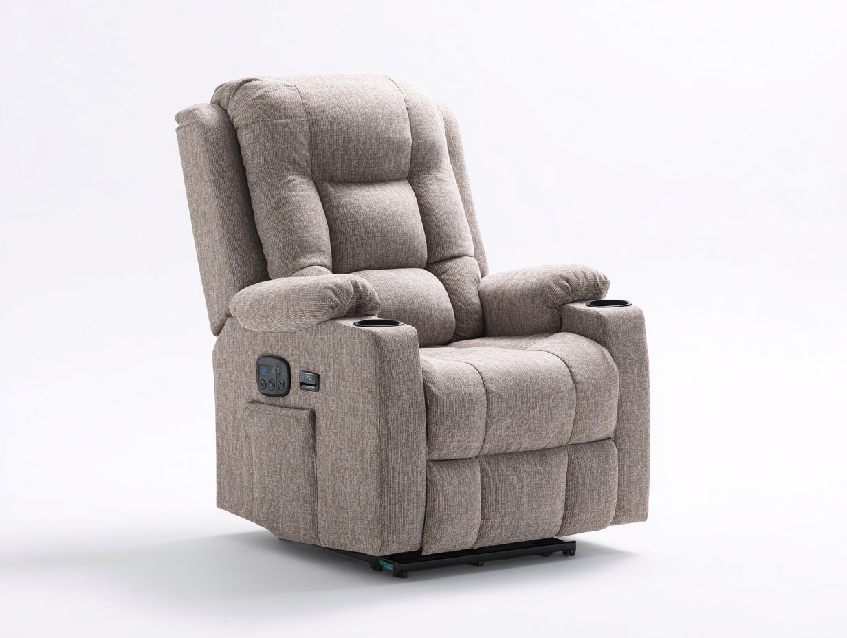 Liegesessel Stoff 94x90x108 cm - Taupe Schwarz - elektrische Relaxfunktion mit Getränkehalter